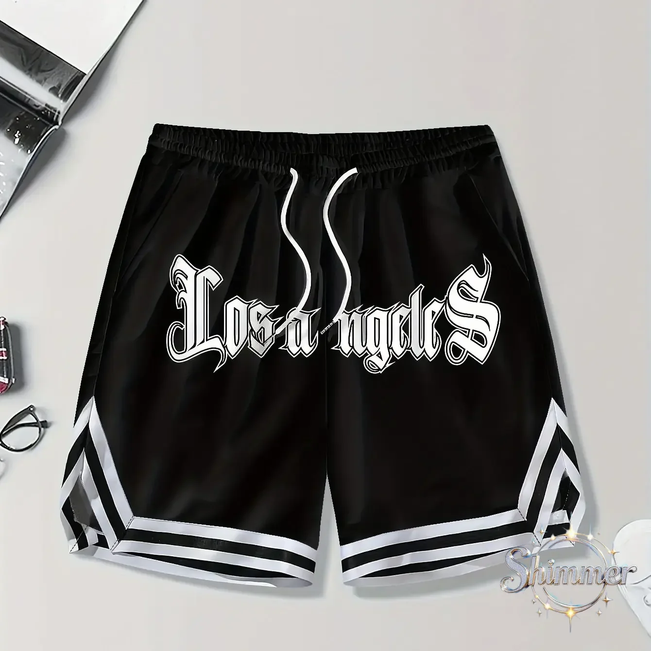 Stylish Men's 3D LOS ANGELES Basketball Shorts with Alphabet Print, Loose Fit with Drawstring and Pockets