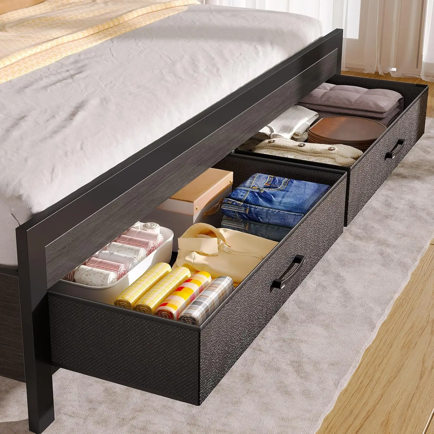 Bed Frame Queen Size with Storage Headboard and 2 Drawers, Upholstered Platform Bed with Charging Station and LED Light, Black 6