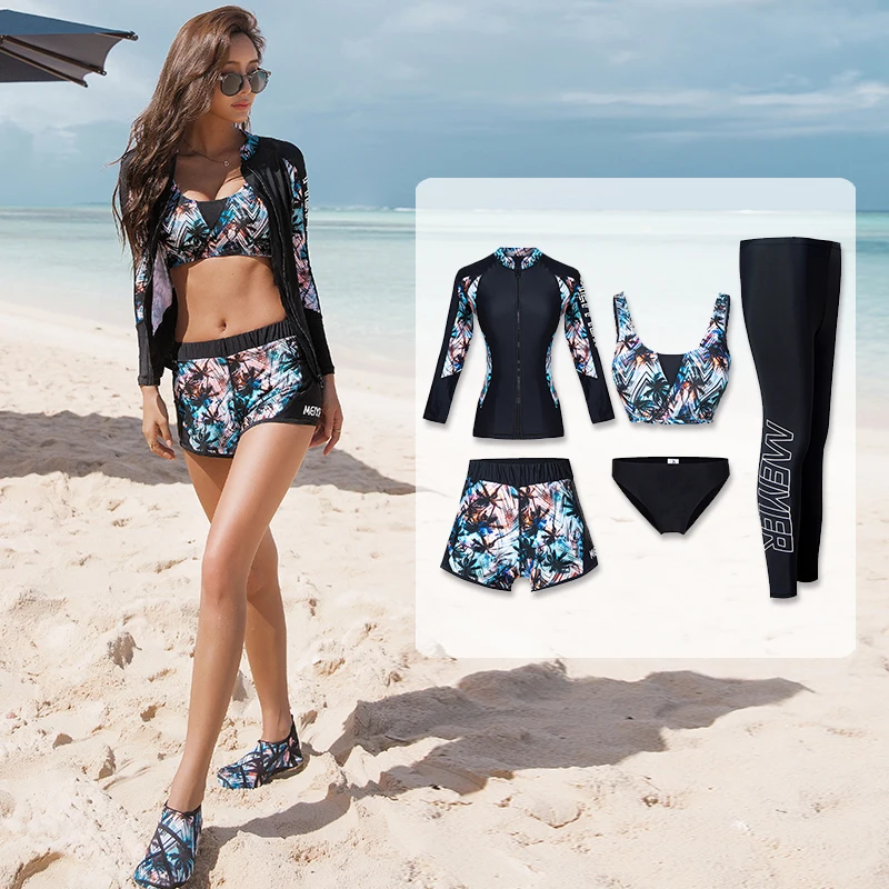 MEIYIER Korean Fashion Couples Swimsuit Bikini+Long Sleeve Shirt+Pants UV Swim Surf Clothes Full Cover Swimwear Man/Woman