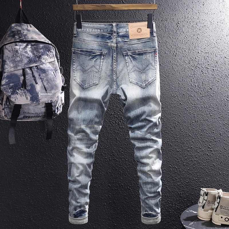Newly Designer Fashion Men Jeans Retro Gray Blue Elastic Slim Fit Ripped Jeans Men Casual Trousers Vintage Denim Pants Hombre