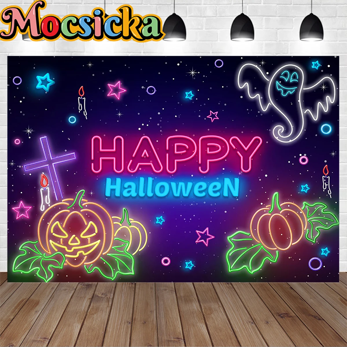 

Happy Halloween Colorful Scary Pumpkin Decoration Studio Photography Background Banner Ghost Stars Backdrop Kids Holiday Party