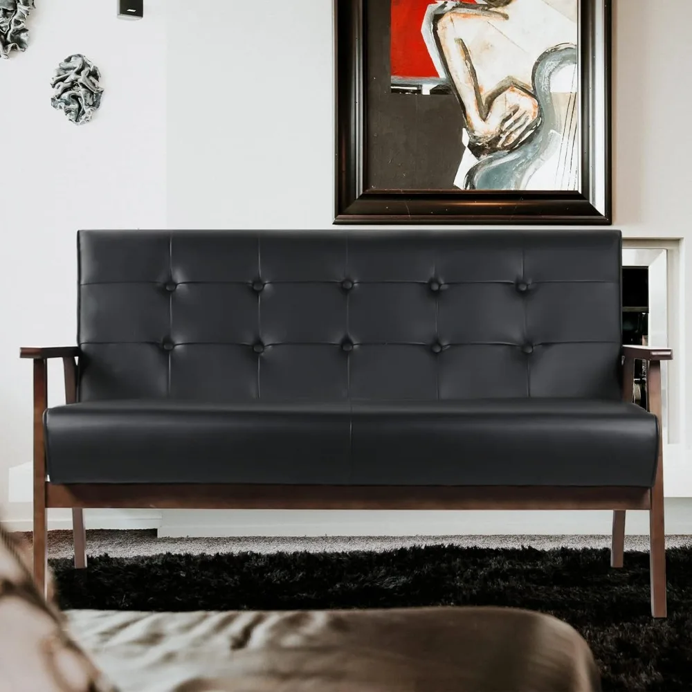 Leather Sofa Couch Set  Accent Chairs & 1Loveseat Black Faux Leather Loveseats Mid Century Modern Office Couch for Small Space 5