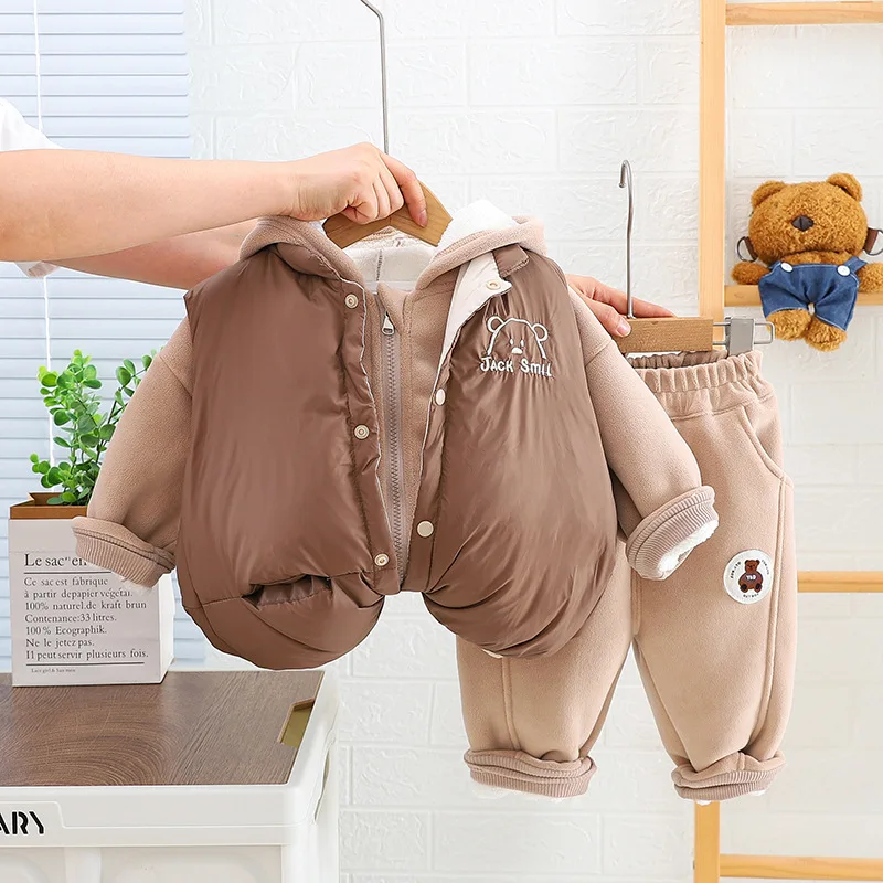 

Зимняя детская одежда, детский флисовый свитер с капюшоном, детский мультяшный пуховик из хлопка, утепленный теплый комплект из трех предметов