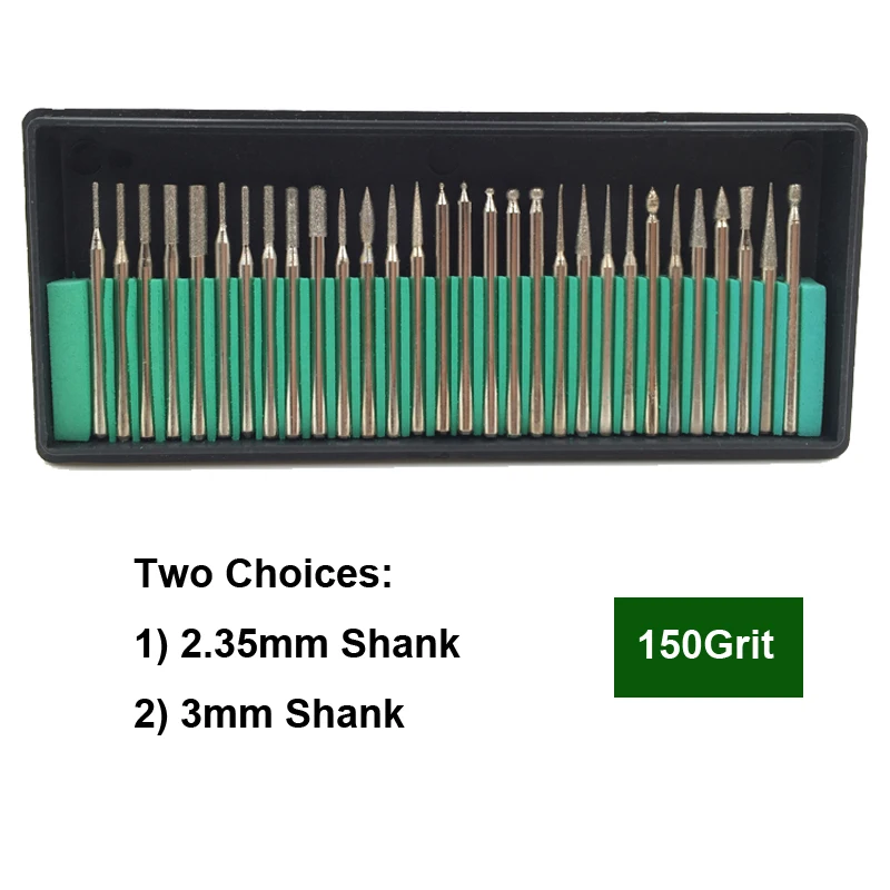 다이아몬드 그라인딩 버 비트 니들 포인트, 조각 연마, 목재 옥 스톤, 2.35mm, 3mm 드릴 비트, 회전 도구 세트, 30 개