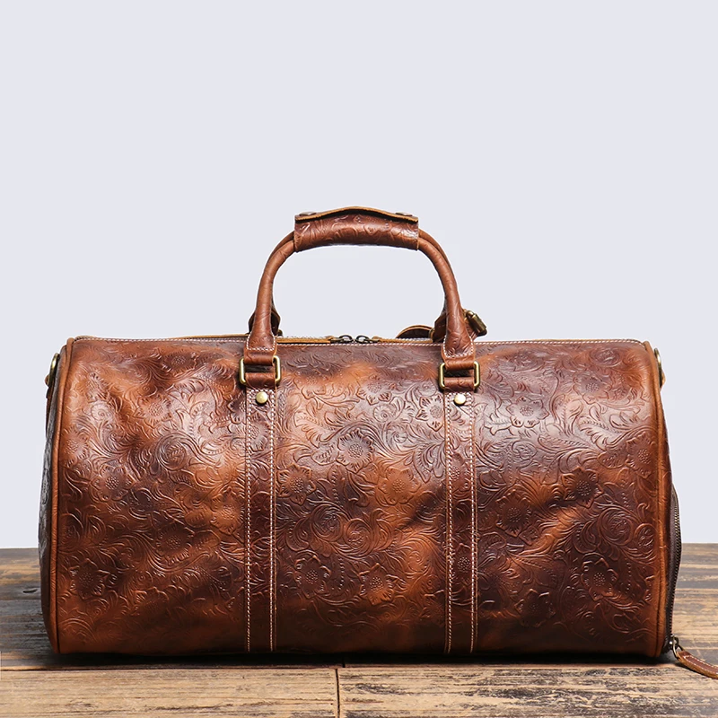 LEATHFOCUS Vintage Embossed Handbag Men's Women's Leather Travel Bag Large Capacity Business Duffles Bag Weekend Gym