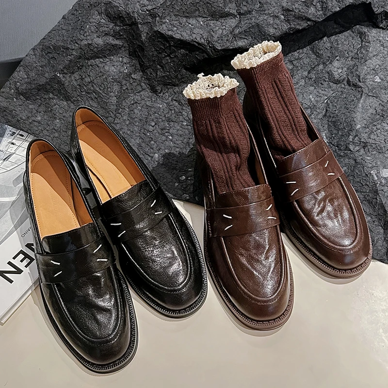 Real Leather Women Loafers Shoes Casual Platform Mid Thick Heels Woman Pumps Shoes Ins Spring New Office Lady Daily Size 34-40