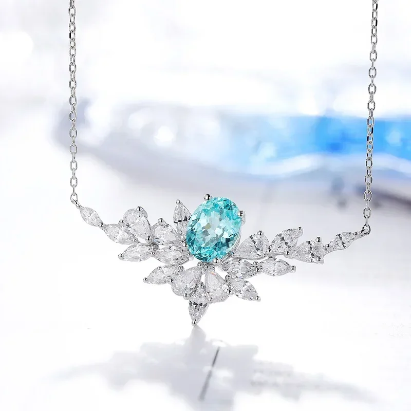 

Ruihe New Fashion 3.05ct Lab Grown Paraiba Sapphire Simulated Diamond Zirconia Pendant Necklace 925 Silver Jewelry Women