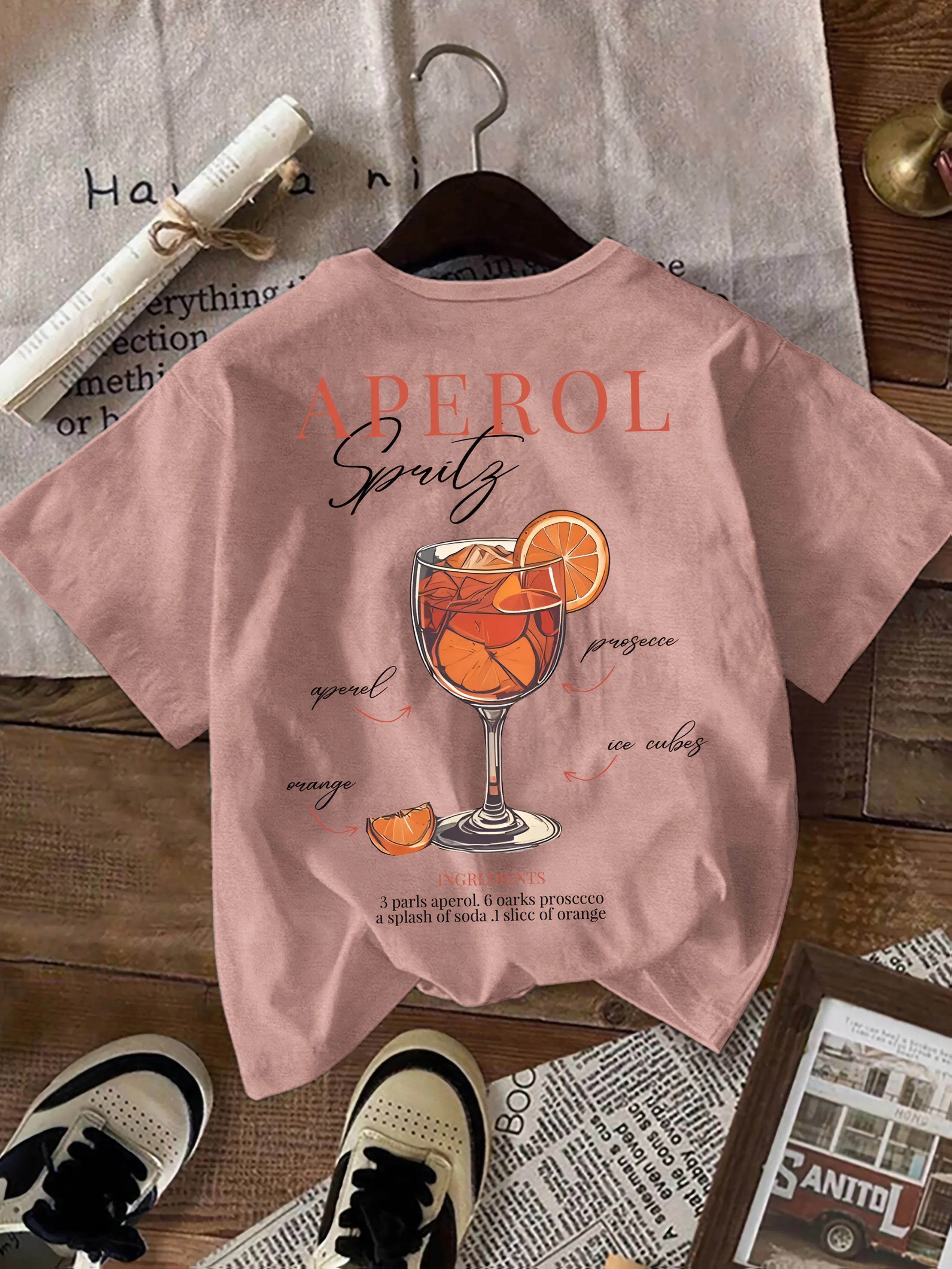 Orange Cocktail Print Round Neck Short Sleeve T-Shirt - Casual Summer Style