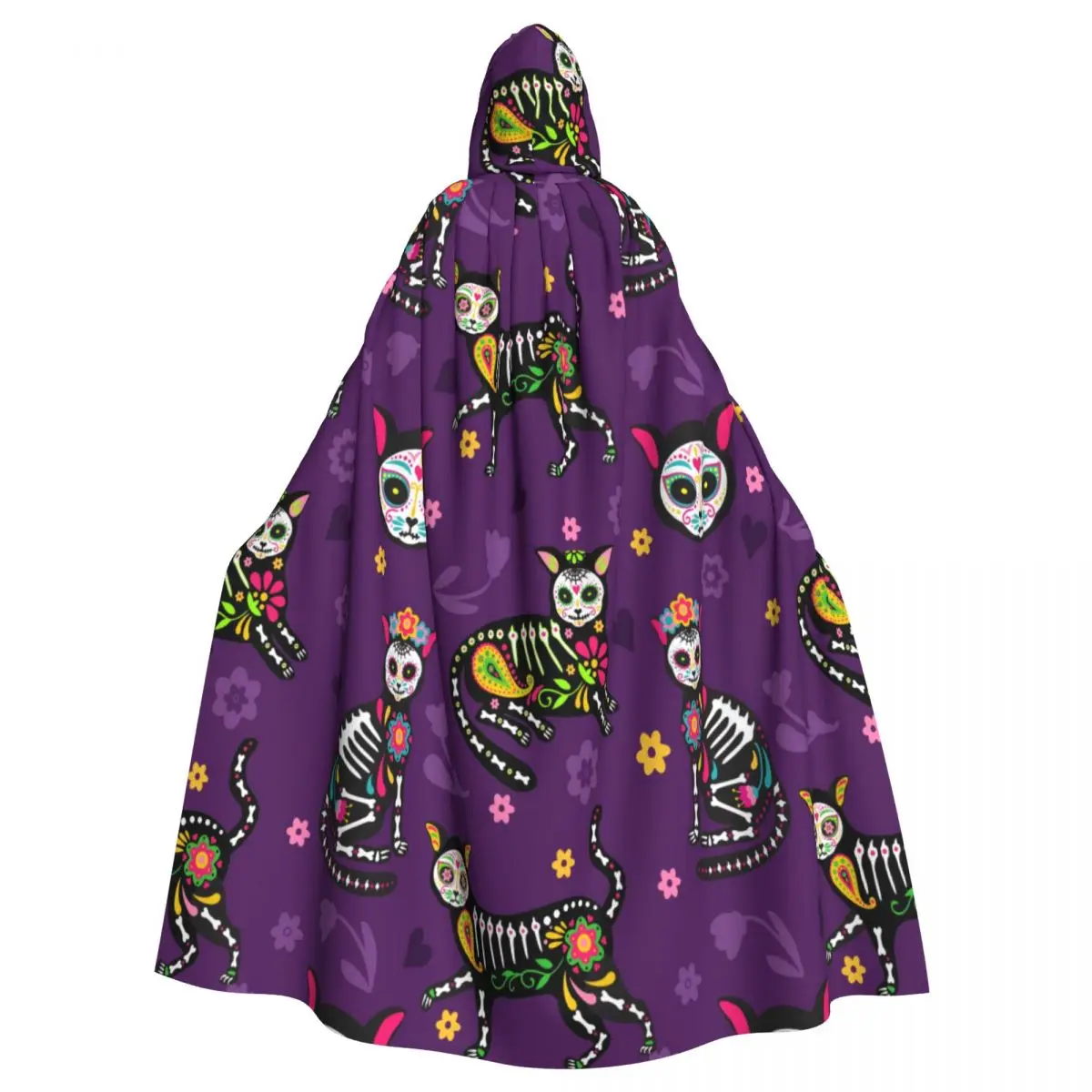 

Sugar Skull Calavera Cats Mexican Style Cloak Hooded Cosplay Costume Halloween Adult Long Party Cape