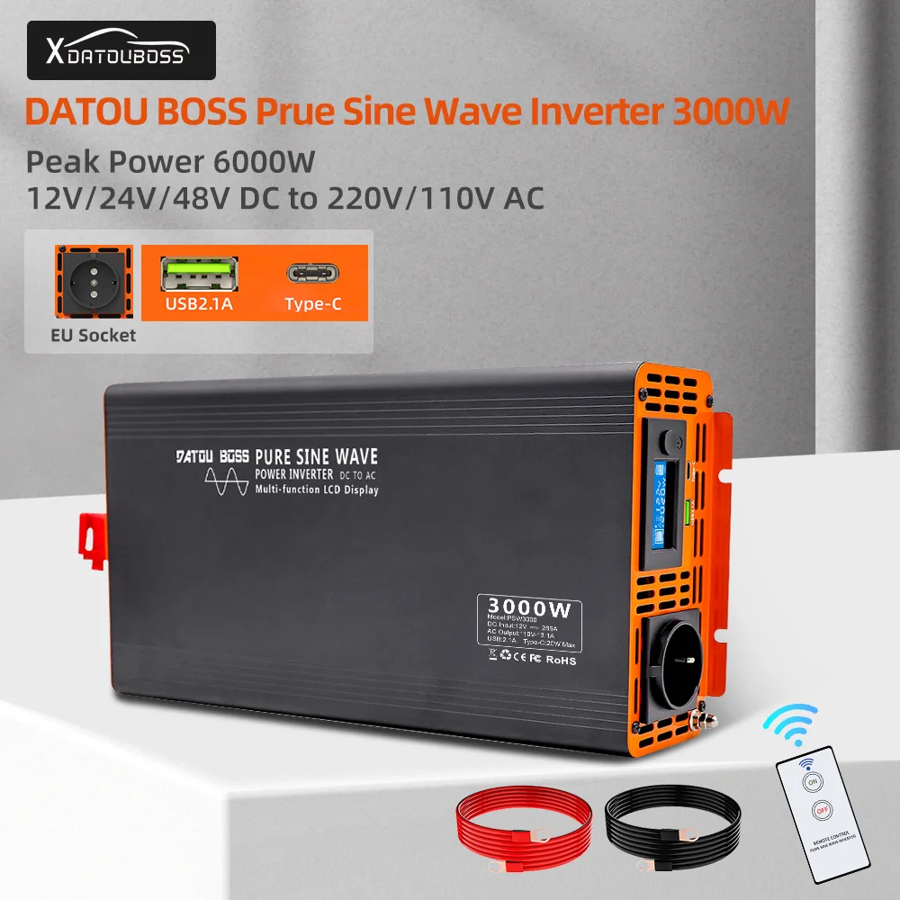 Datou Boss 3000W Inverter 24V 220V Convertitore Da Onda Pura A 220V 12V X 220V 48V Display Lcd Con Presa Ue Potenza Di Picco 6000W
