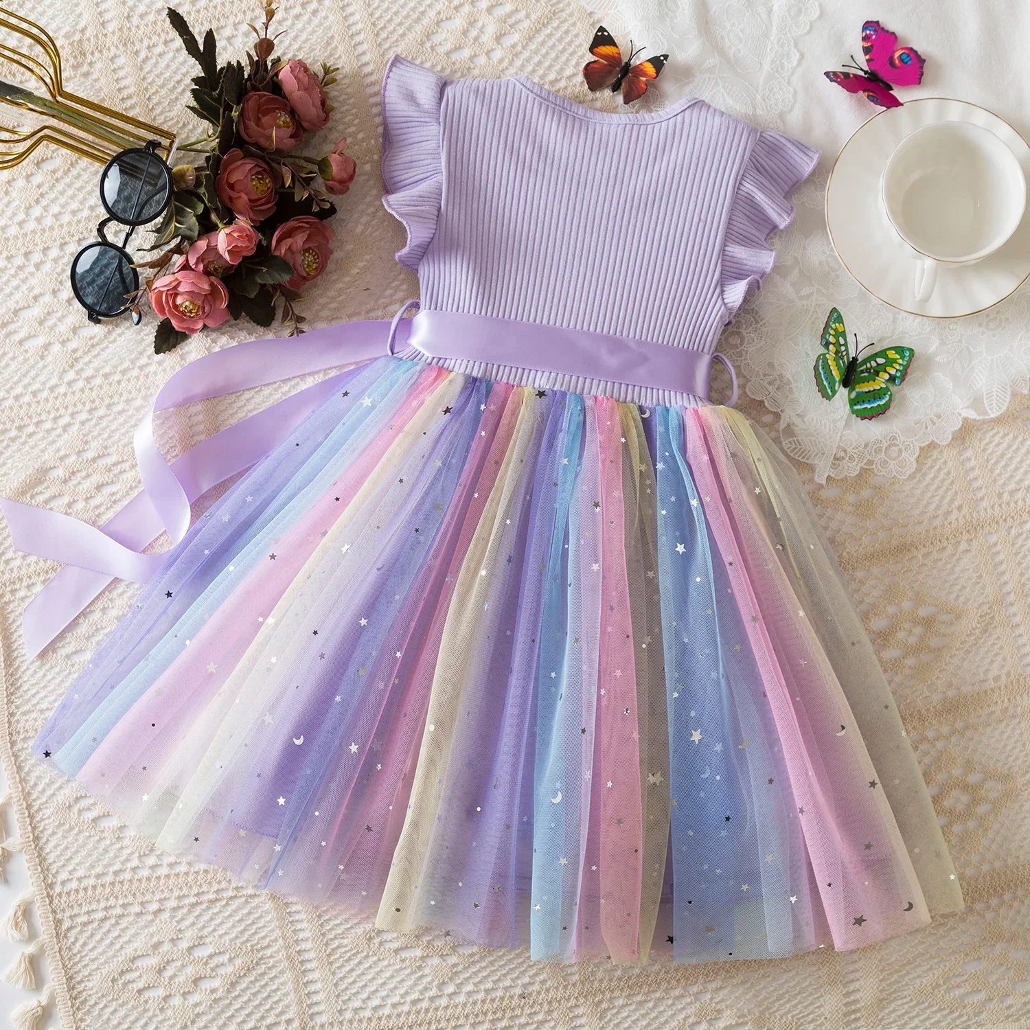 Girls Dress Sequins Rainbow Tulle Dress for 1-5Y Toddler Girls Birthday 2025 Summer Wear