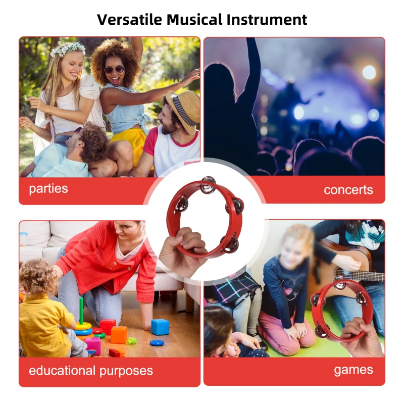 6/8/10 inchTambourine Pleasant Jingle Sound Single Row Wooden Tambourine Hand Cranked Bell Percussion Instruments Party Supplies