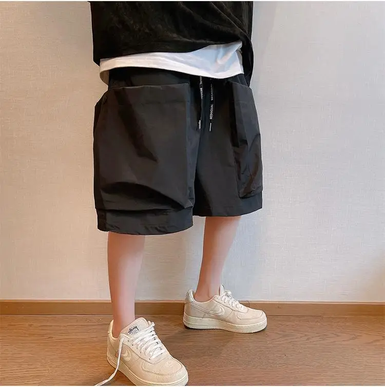 Men Trendy Casual Streetwear Hip Hop Big Pocket Design Cargo Short Pants Y2K 2024 Summer Youth Solid Oversize Baggy Beach Shorts