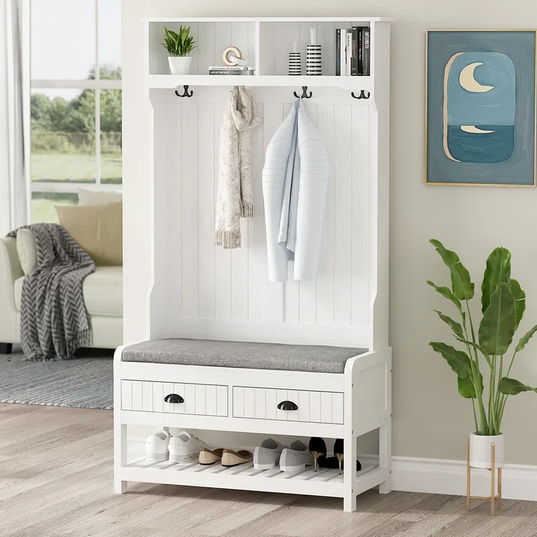 Wide Hall Tree with Cushion Bench Shoe Storage Includes Two Display Cubbies and A Coat Rack with 4 Hooks Hall Trees Shoe Bench