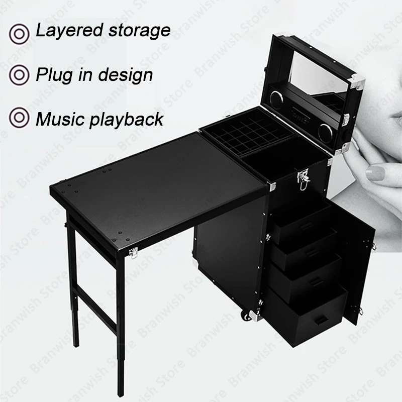 Professional Makeup Train Case Mobile Nail Workbench Rolling Table Makeup Workstation Cosmetics Case On Wheels Makeup Organizer 2