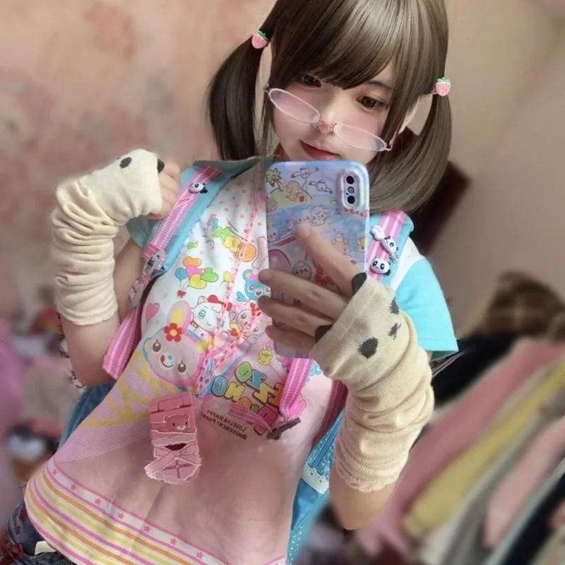 HOUZHOU Blue Kawaii Juminocore T-Shirts Women Y2k Cutecore Striped Short Sleeve Japanese Style Tees Sweet Slim Cropped Tops 3