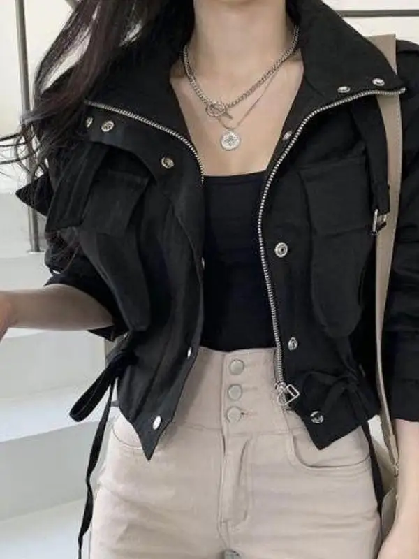 시크한 스트리트 스타일 짧은 작업복 재킷 여성용 지퍼 칼라 더블 포켓 드로스트링 허리 루즈핏 가을 아우터웨어