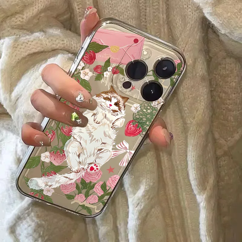 Korean Painted Cat Strawberry Case - Artistic Design Protective Phone Cover