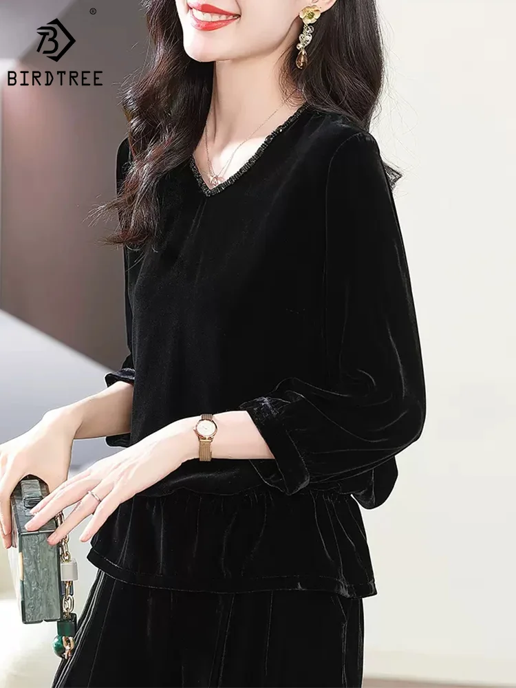 

Birdtree 100%Real Silk Women's Fashion Velvet T-Shirt Long Sleeve V-Neck Elegant Retro Tees Autumn Winter European Top T3N6108QM
