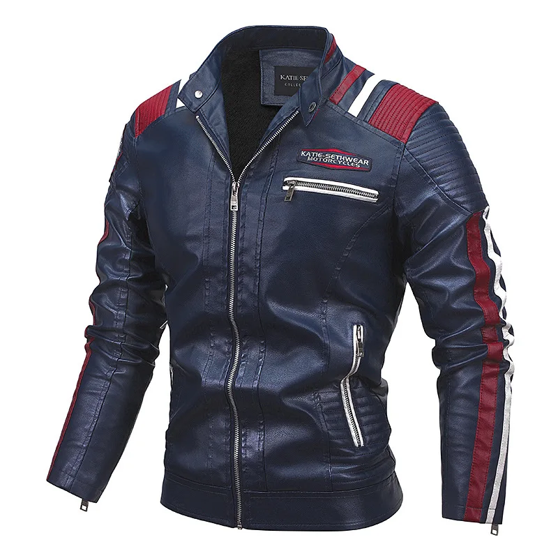 

Men's New Autumn/Winter Jacket with Velvet Warm Leather Jacket Matching Color PU Jacket Embroidered Biker Leather Outwearing