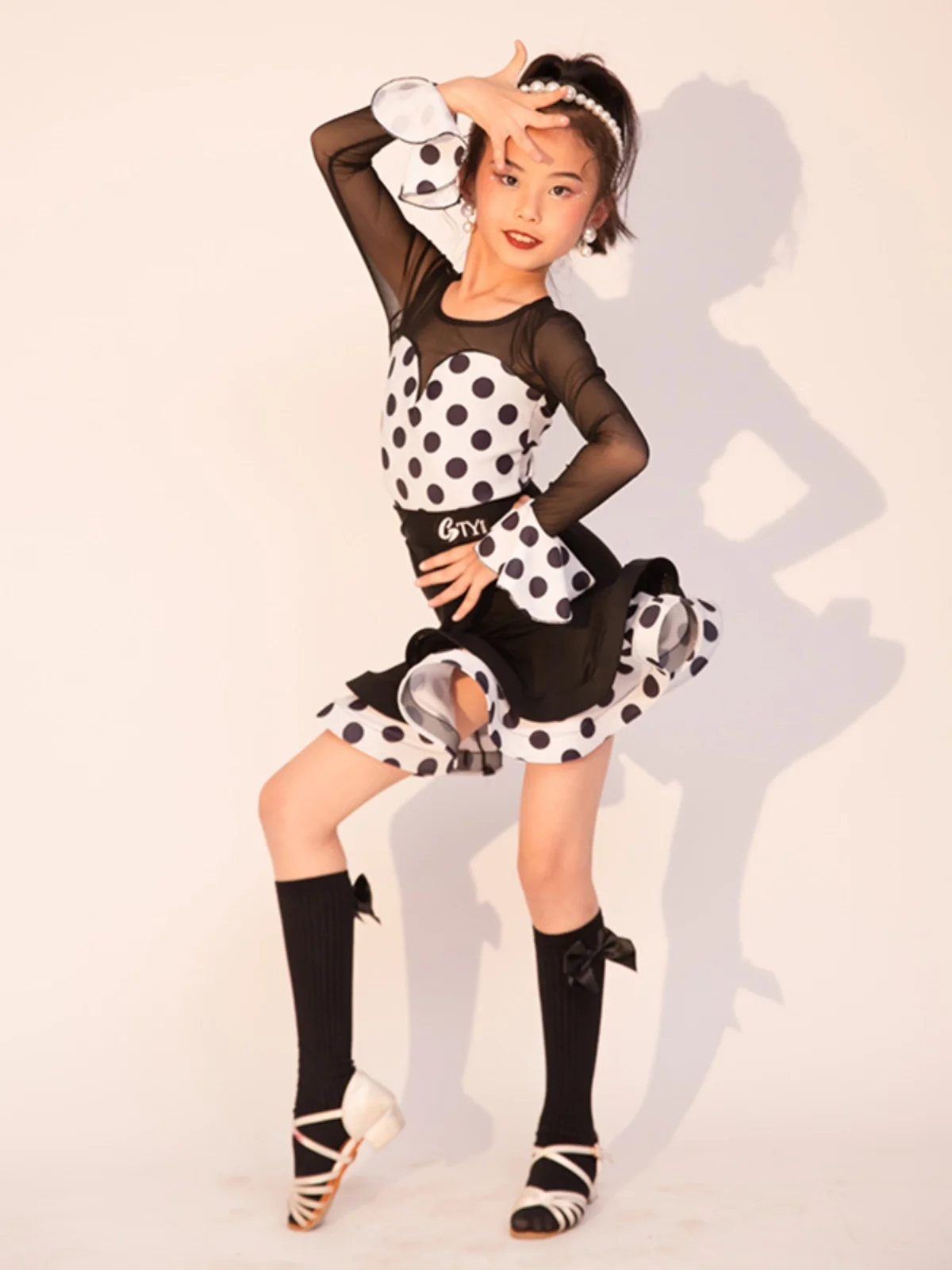 polka dot Long Sleeve Cha Cha Rumba Tango Latin Dance Dress Girls Kids Samba Salsa Clothes Children Competition Ballroom Dresses