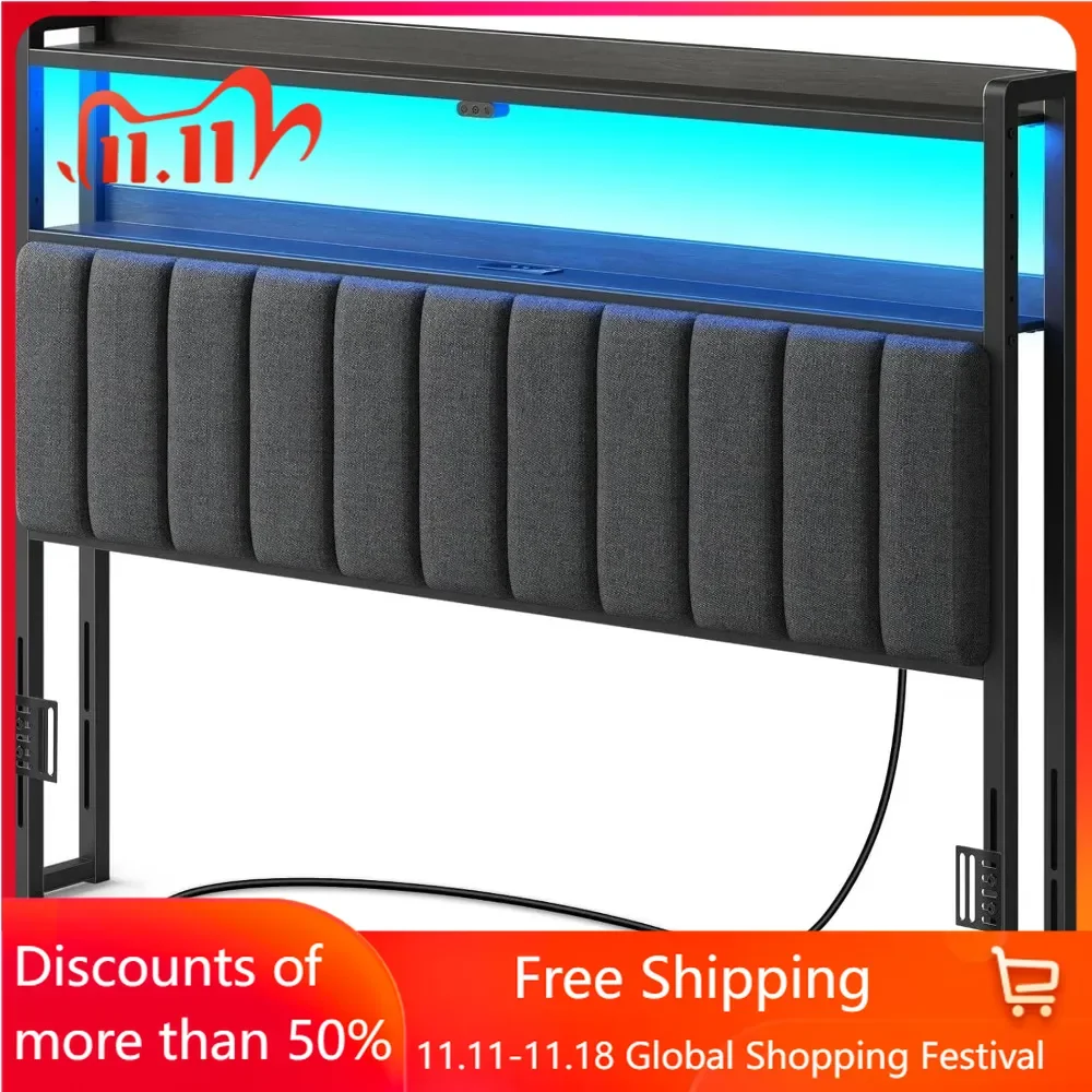 Headboard for Queen Size Bed with Storage, 60,000 DIY Color of LED Light, Head Board with USB & Type C Port, Height Adjustable