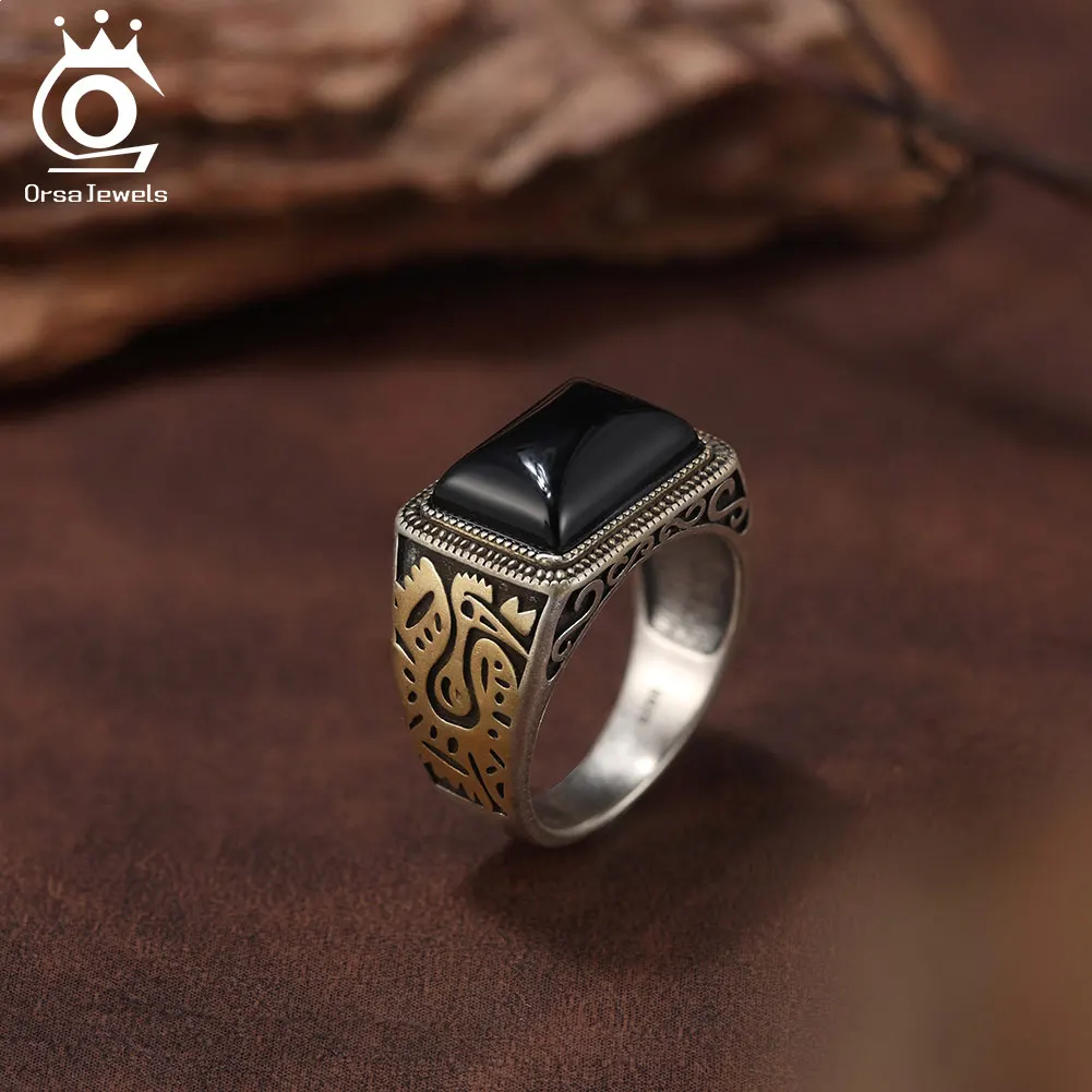 ORSA JEWELS S925 Sterling Silver Fashion Black Agate Ring for Men Gift Retro Gold Plated Finger Ring Party Hip Hop Jewelry NMR16