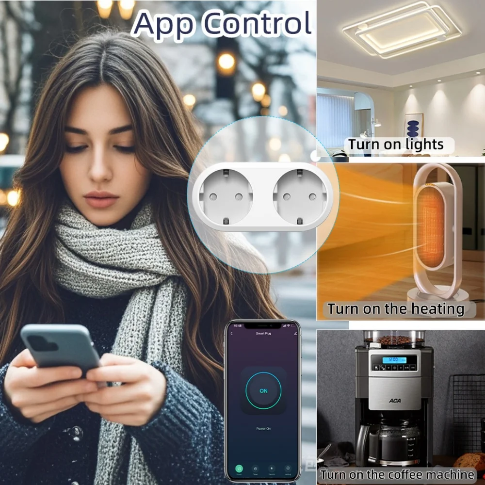 Tuya WiFi 듀얼 콘센트 16A APP 스마트 플러그 2 in 1 소켓 EU, 에너지 계량 타이머 기능 포함 Alexa Google 제어와 함께 작동