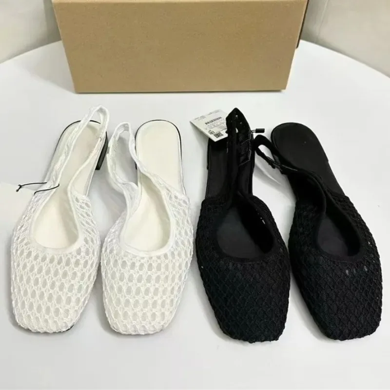 Summer Breathable Weave Mesh Flat Women Sandals Casual Square Toe Slingback Beach Hollow Out Footwear For Lady Shoes_vogvips.com