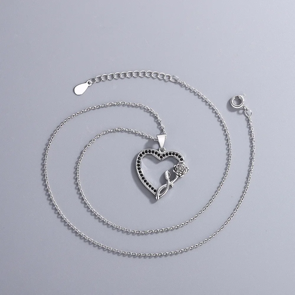 S925 Sterling Silver Heart Shape Rose Black Zirconia Pendant Necklace (40cm +5.0cm) Luxury Jewelry