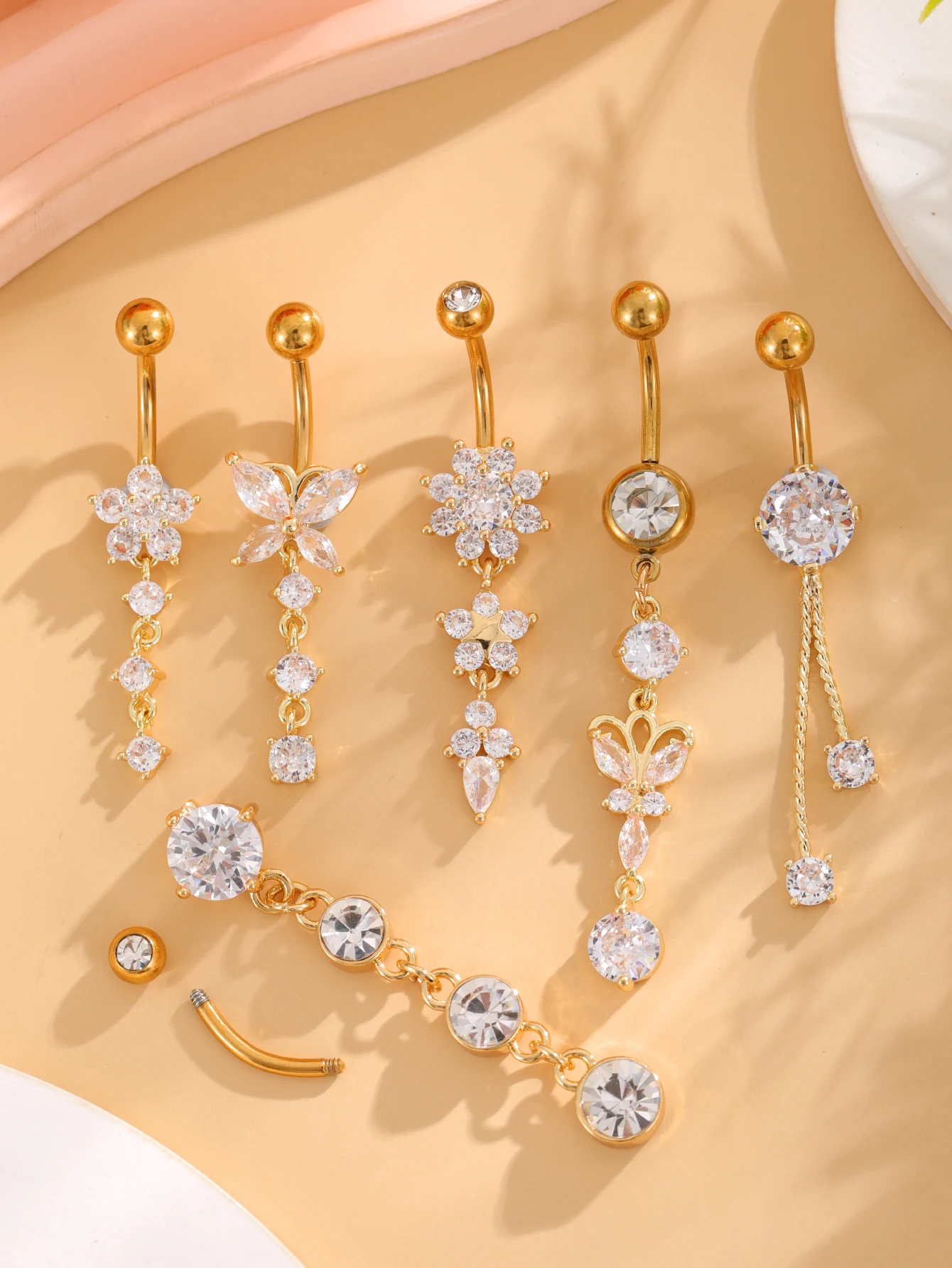 6 stücke Lange Baumelnde Blume Schmetterling Biene Bauchnabel Ring Sets Gold Farbe Körper Nabel Piercing Nombril Herz Gebogene Bauch schmuck – Detail 4