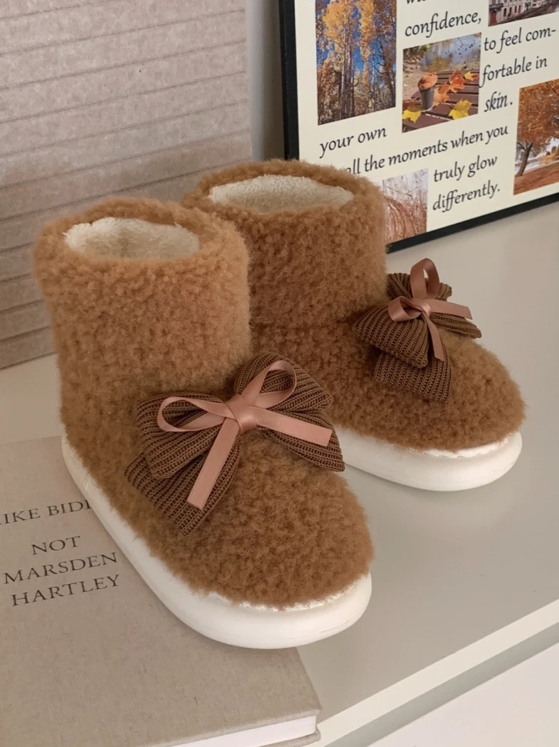 Knitted Ribbon Bow Home Boots Lamb Wool Cotton Shoes For Women's Man Winter Outwear Versatile Thick Snow Boots