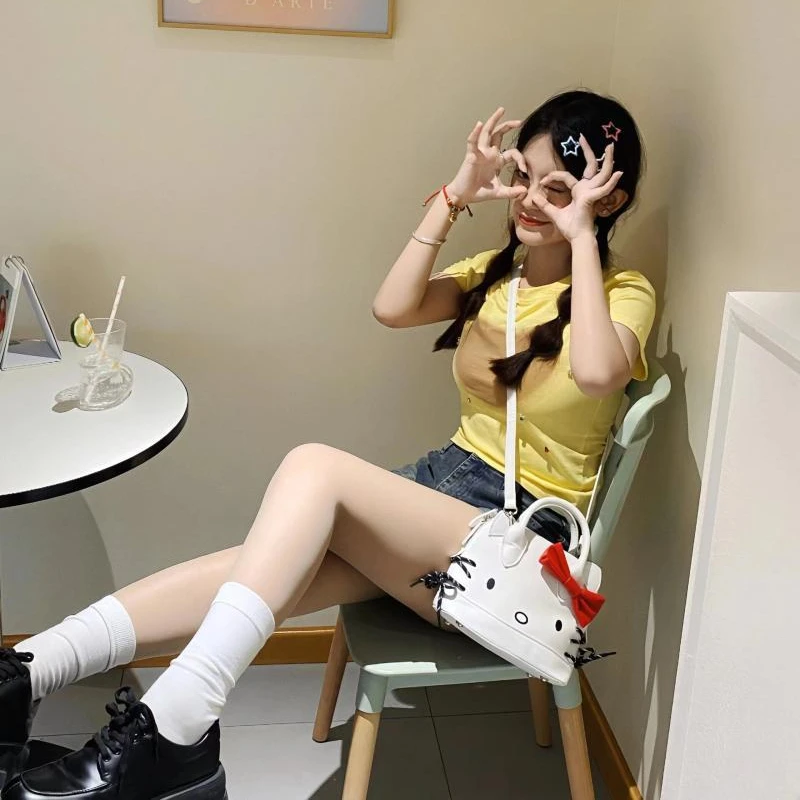 MBTI White Hello Kitty Shoulder Bag for Women Small Cartoon Leather Sweet Crossbody Bag Cute Bow Fashion Vintage Female Handbag