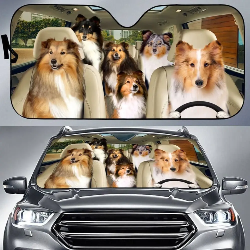 

Shetland Sheepdog Family Driving Car Sunshade, Car Full of Shelties Car Windshield Sun Visor, Gift for Dog Mom Pet Lovers, Uv Pr