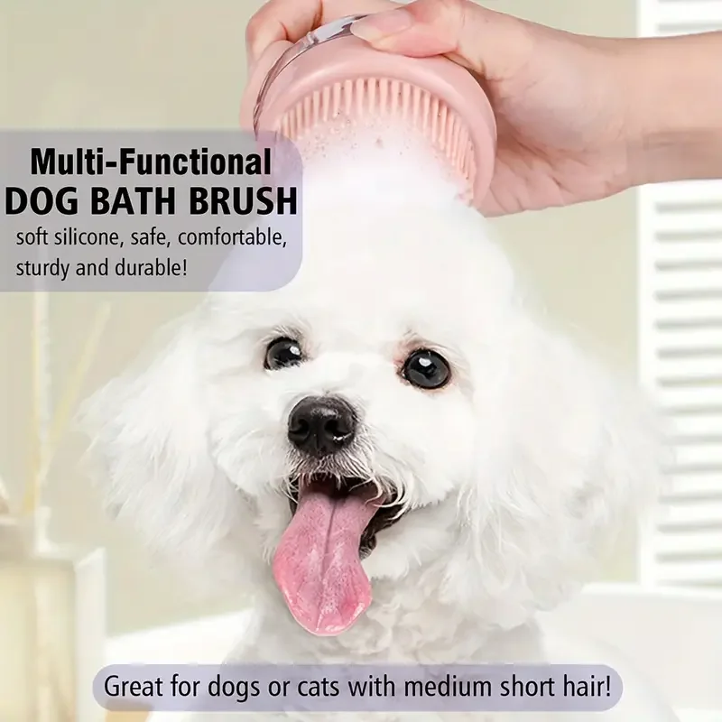 1 pcs dog bath brush with soap dispenser silicone bristle pet grooming massage shampoo brush for long short haired dogs and cats uncharged plastic bathing tool details 8