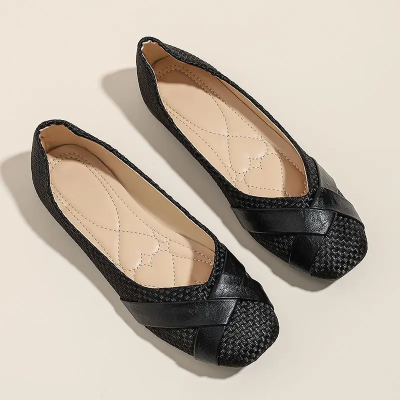 2024 Four Seasons New Soft Sole Soft Leather Splicing Square Head Breathable Elegant Ladies Shallow Mouth Casual Flat Shoes