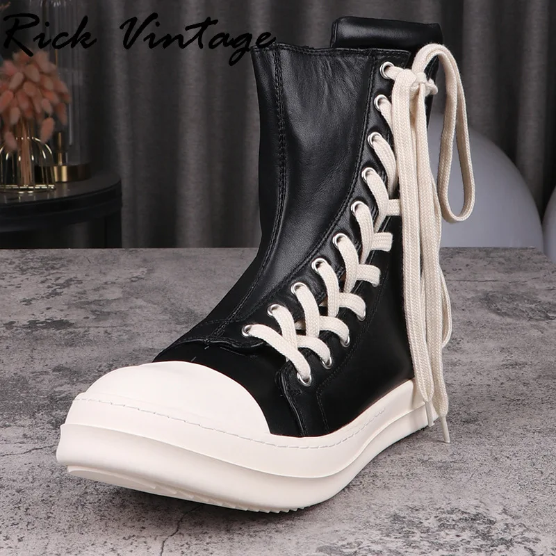 Rick Vintage Men's Real Leather Ankle Boots High Street Board Shoes Women Brand High Top Sneakers Lace Up Shoes