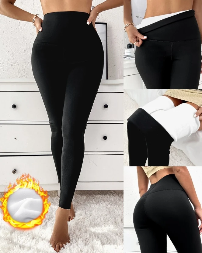 2023 New High Waist Fleece Lined Thermal Leggings Polyester Female Casual Clothing Trousers Winter Women Fashion Simple Pants mens men s oriental letter dragon graphic printed thermal fleece lined kangaroo pocket pullover hoodie l white