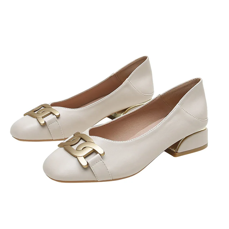 Plus Size 33-43 Women Gold Metal Buckle Leather Shoes Low Heel Round Toe Pumps Office Lady Soft Soles Slip on Shoes