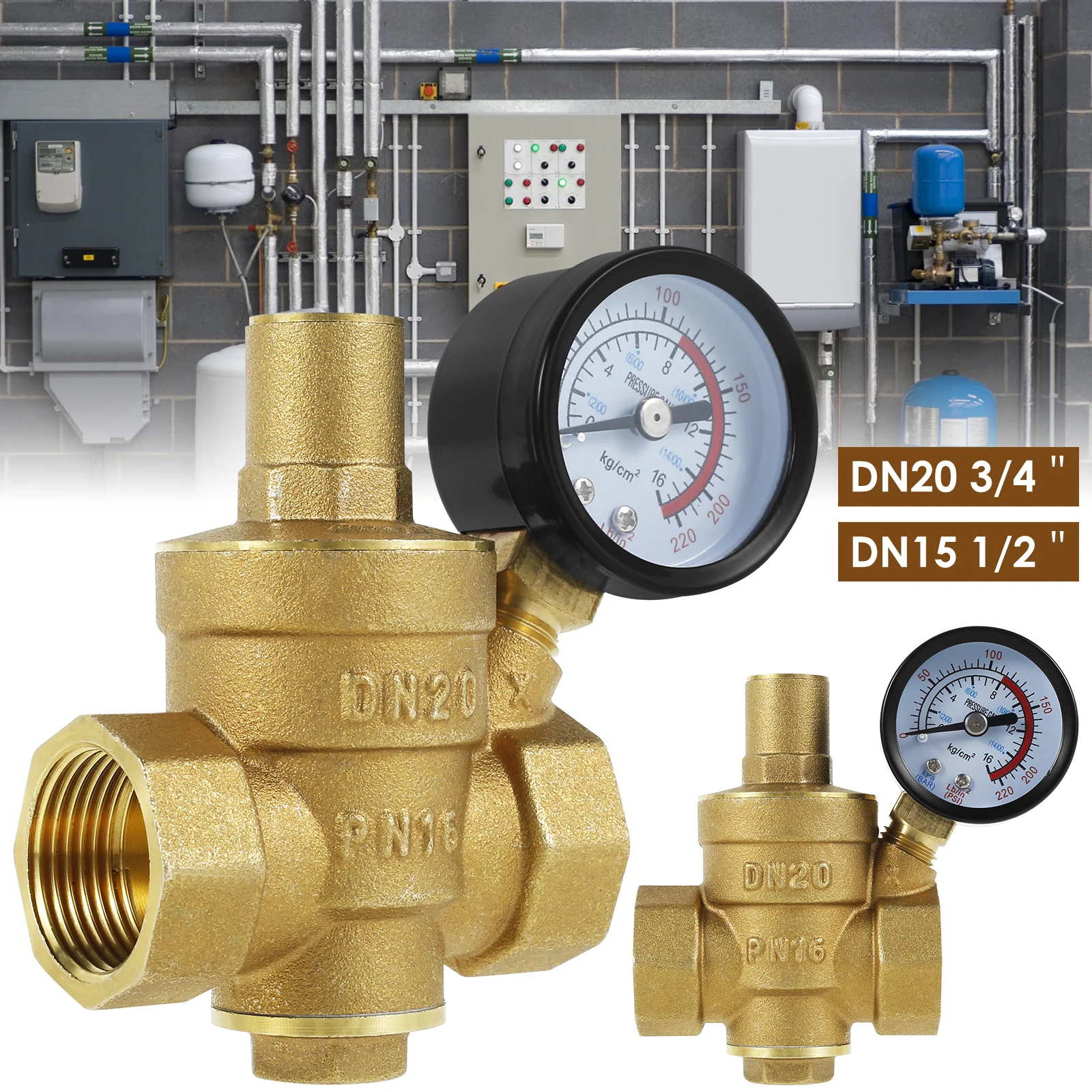 Water Pressure Reducer 3/4inch DN20 Brass Water Pressure Regulator Valve 1/2inch DN15 Adjustable Pressure Reducer with Pressure