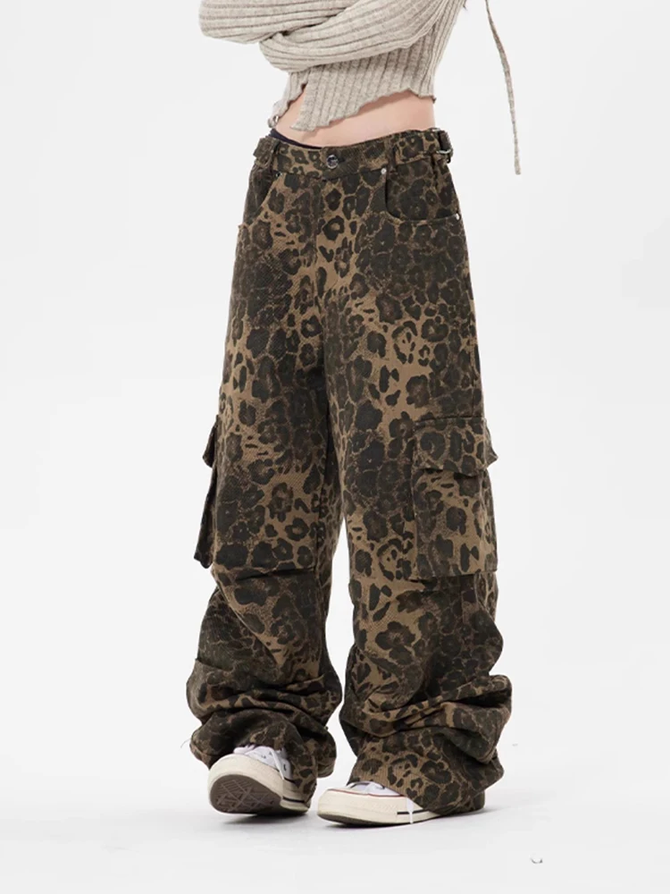 HOUZHOU Tan Leopard Cargo Pants Women Y2K Parachute Oversize Wide Leg Trousers Female Streetwear Hip Hop Vintage Harajuku Casual