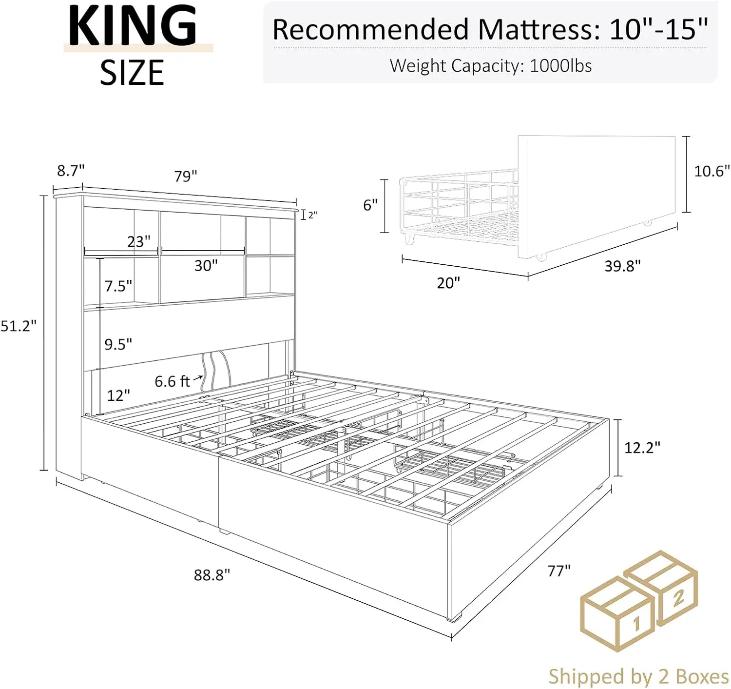King Size Bed Frame Wooden Platform Bed with 51.2" Storage LED Bookcase Headboard, 4 Storage Drawers & Charging Station 2