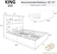 King Size Bed Frame Wooden Platform Bed with 51.2" Storage LED Bookcase Headboard, 4 Storage Drawers & Charging Station 2