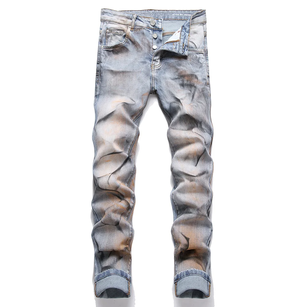 

Men's Painted Stretch Denim Jeans Vintage Blue Slim Tapered Pants Streetwear Button Fly Trousers