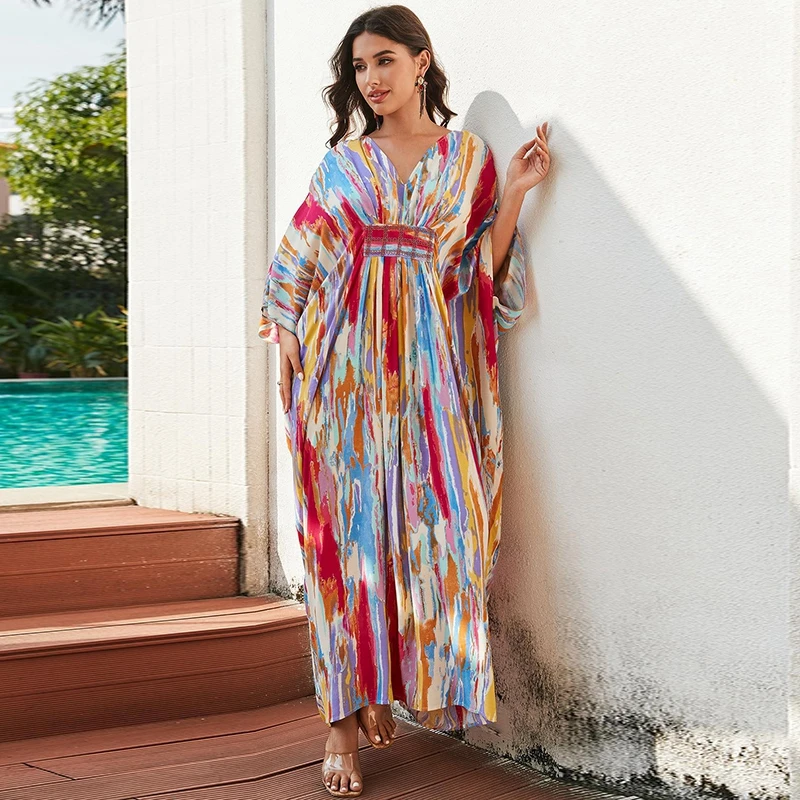 

French Style Monet Vivid Pattern Maxi Dress V-Neckline 3D Embellished Elegance Caftan Abstract Artistry Fashion Beauty Cover Ups