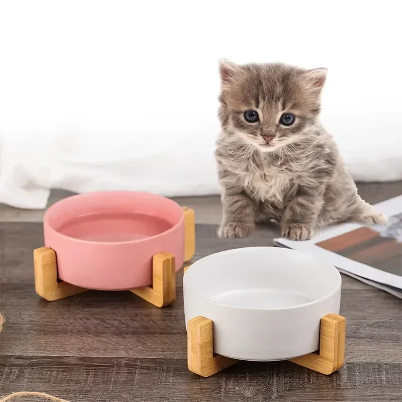 

Dish Double Bowl Wood For Pet Dogs Ceramic Cats With Spill Water Feeder Stand Cat Dog Food No Small