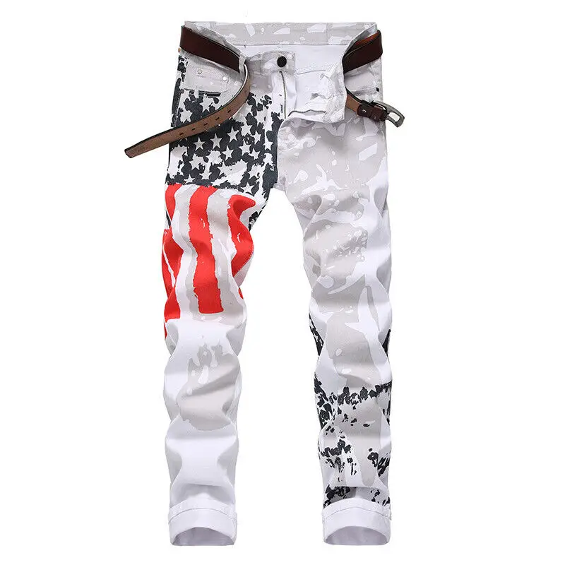 

FEEMER Mens Jeans Casual Slim Fits Stretch Straight Denim Pants Flag Printed Jeans