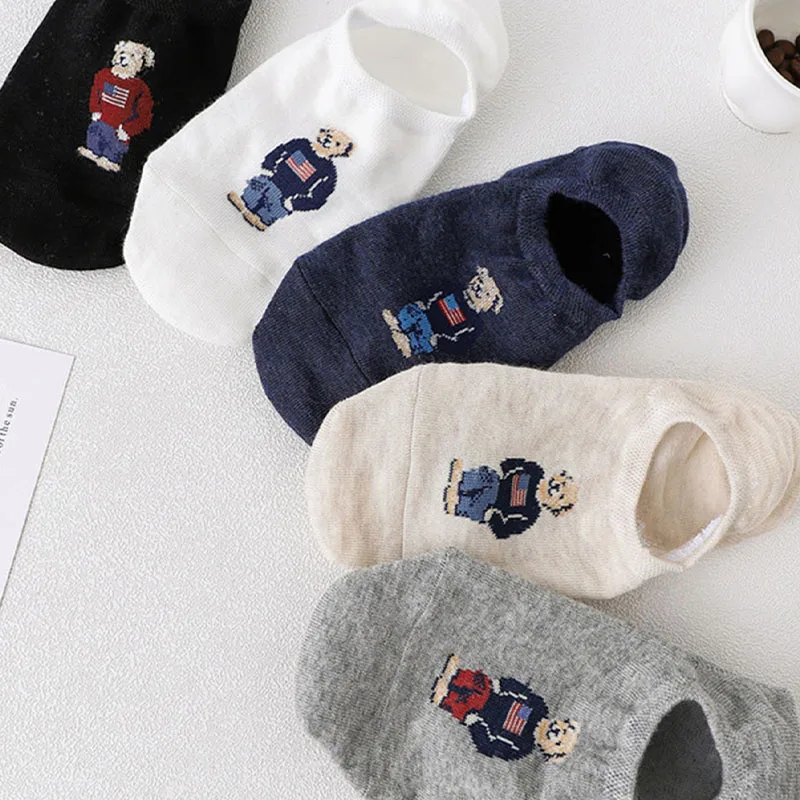 Cute Korean Bear Socks - Womens Summer Thin Cartoon Boat Socks