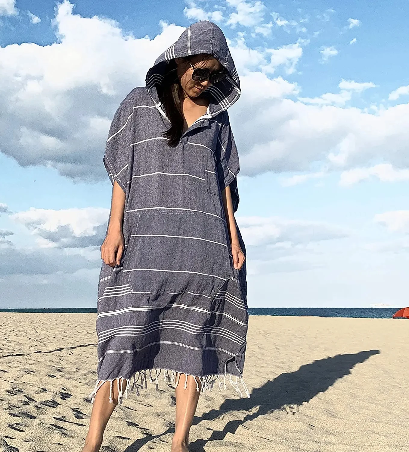 

YEUZLICOTTON Wearable Turkish Beach Towel Sandproof 100% Cotton Large Surf Poncho Robe Hooded Wetsuit Changing Towel Quick Dry