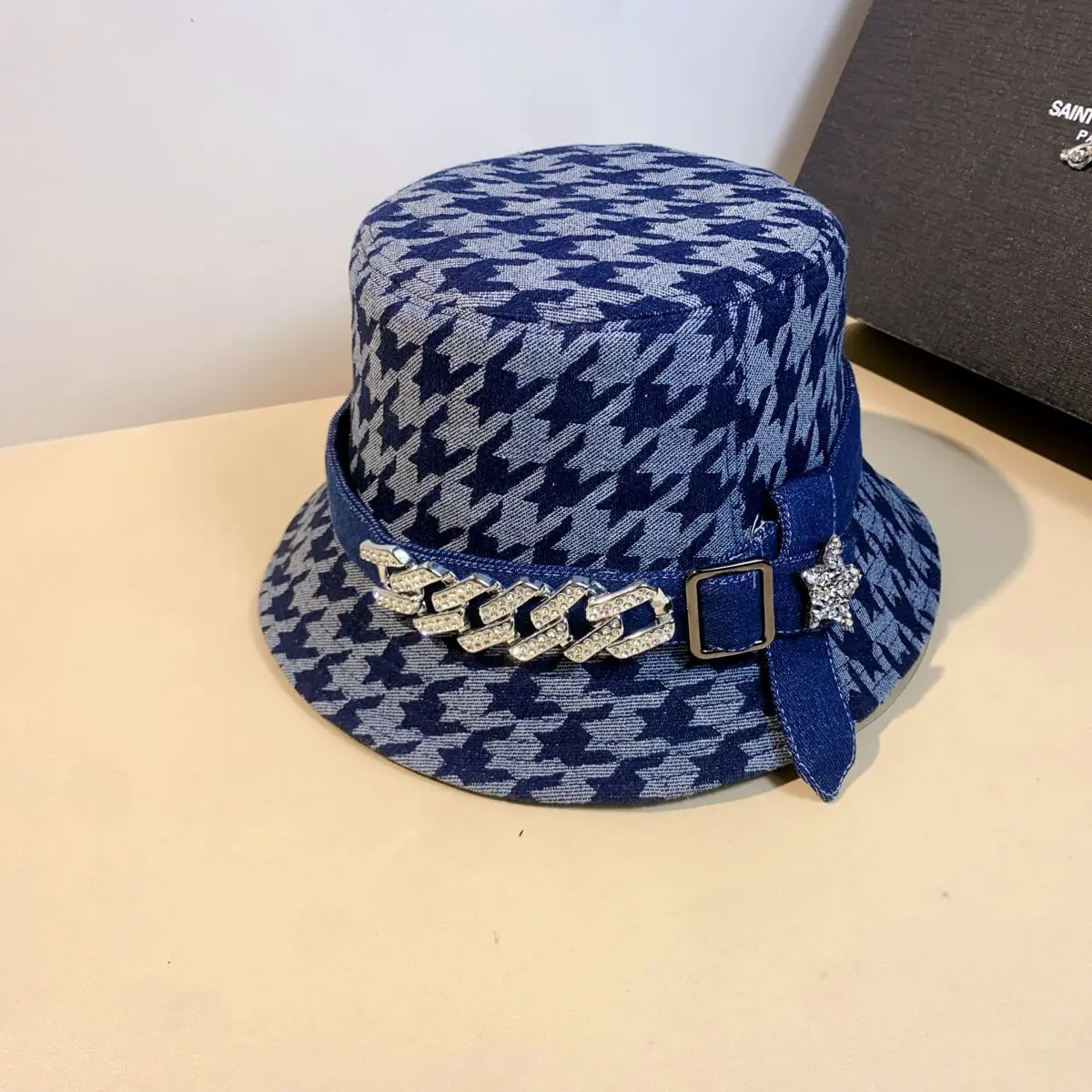 

202306-SJ ins spring Classic Houndstooth Denim fabric Shiny Brazilian Chain fashion leisure bucket cap men women fishermen hat